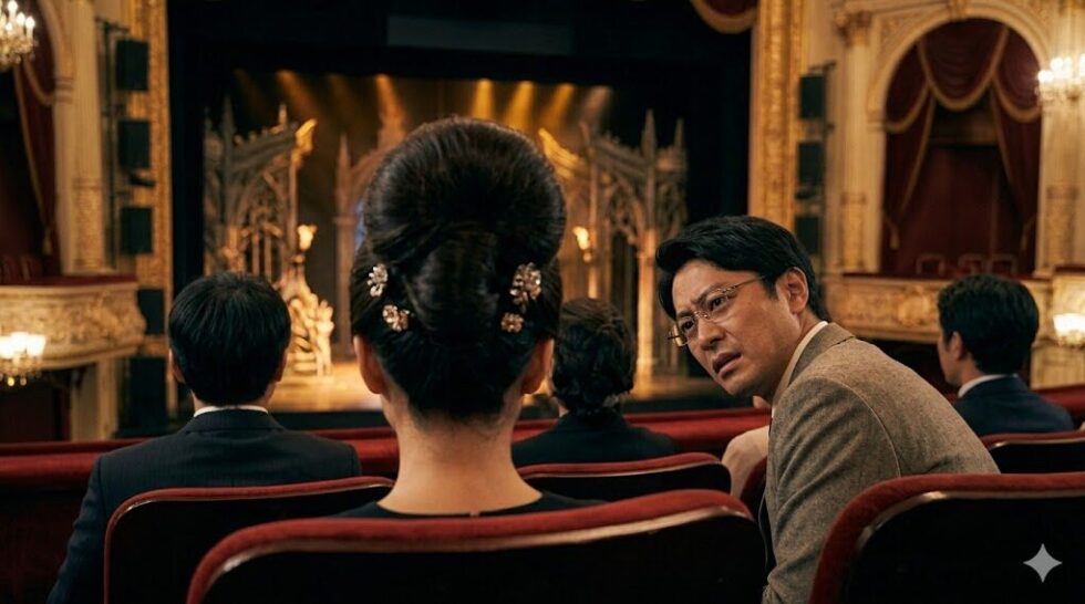 劇場の座席で、前の人の髪型が視界を遮っている様子。前の女性はお団子ヘアで、後ろの日本人男性が舞台を見ようと身を乗り出している。視界が遮られることによる困惑した表情。