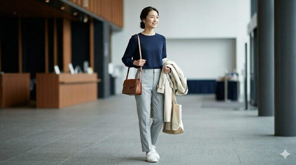 観劇にふさわしい服装の日本人女性。ネイビーのブラウスにベージュのスラックス、シワになりにくい素材のワンピースを着用し、清潔感のある上品な印象。足元は歩きやすいフラットシューズ。