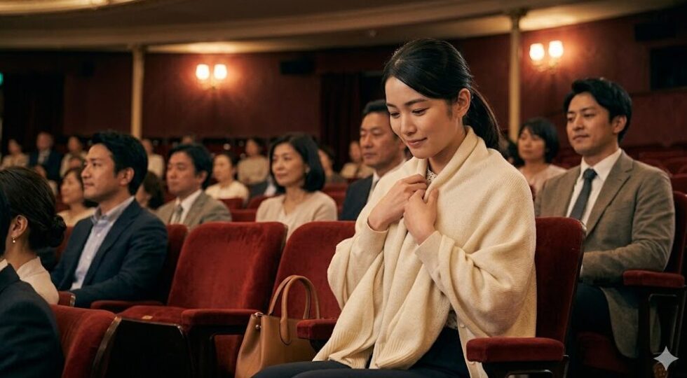 劇場内での空調対策をする日本人女性。座席に座り、持参した薄手のカーディガンを肩に羽織っている。首元にはストールを巻き、快適そうに過ごしている。