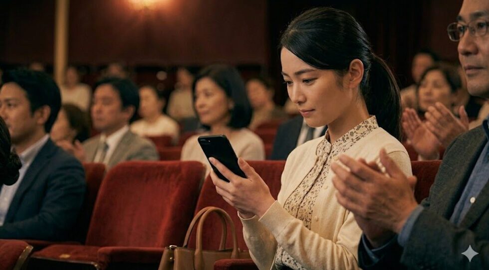 上演前の劇場内で、スマートフォンの電源を切る日本人女性。暗い客席で、スマートフォンの画面が消える瞬間を捉えている。彼女はその後、スマートフォンをバッグにしまう。