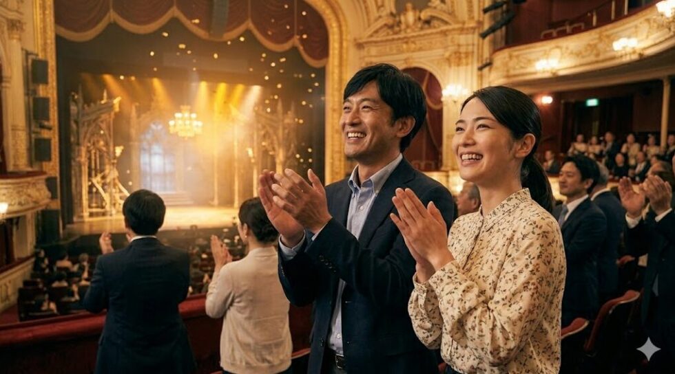 ミュージカルのカーテンコールで、笑顔で拍手を送る日本人男女。舞台上の演者に向かって惜しみない拍手を送り、感動を共有している。周囲の観客も一緒に拍手をしている。