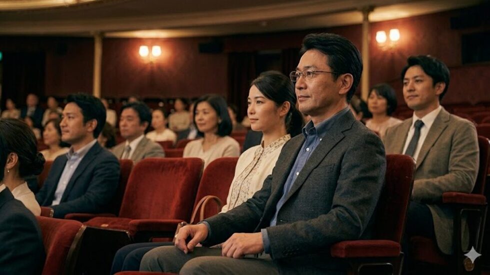 劇場の座席に正しく座る日本人男性。背もたれにしっかりと背中をつけ、リラックスした姿勢で舞台を鑑賞している。隣の席の人も同様に正しい姿勢で座っている。