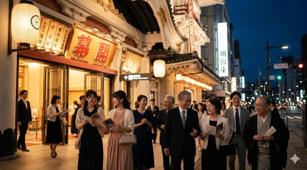 観劇を終え、充実した表情でライトアップされた夜の劇場から出てくる日本人の観客たち。