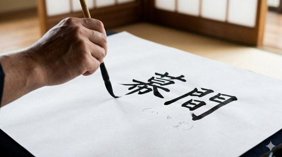 伝統的な筆書きで「幕」「間」の漢字が書かれた白い紙をクローズアップ。熟練した書家の手が、常用漢字表の規定と「まくま」という誤読の背景にある言葉の難しさを表現している。