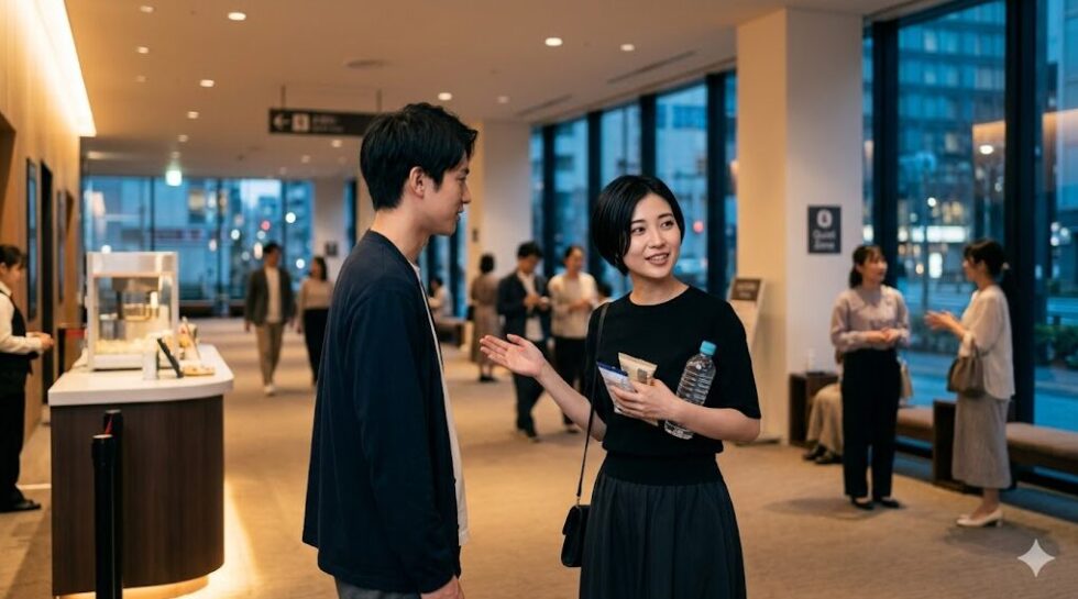 現代的な劇場のロビーで、休憩中にマナーを守って飲食について確認し合う若い日本人カップル。自席での飲食が禁止されている劇場ルールを尊重し、周囲への配慮を示す様子。