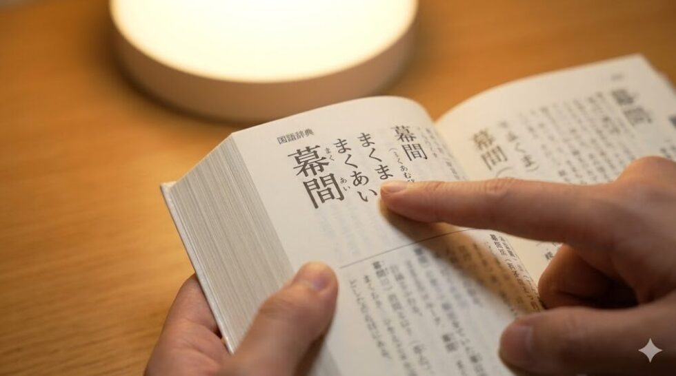 開かれた国語辞典の「幕間」の項目を指差す日本人の手。正しい読み方「まくあい」が強調されている。