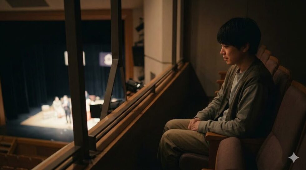 劇場の見切れ席に座り、ステージを見つめる日本人の観客。視界が遮られる様子。