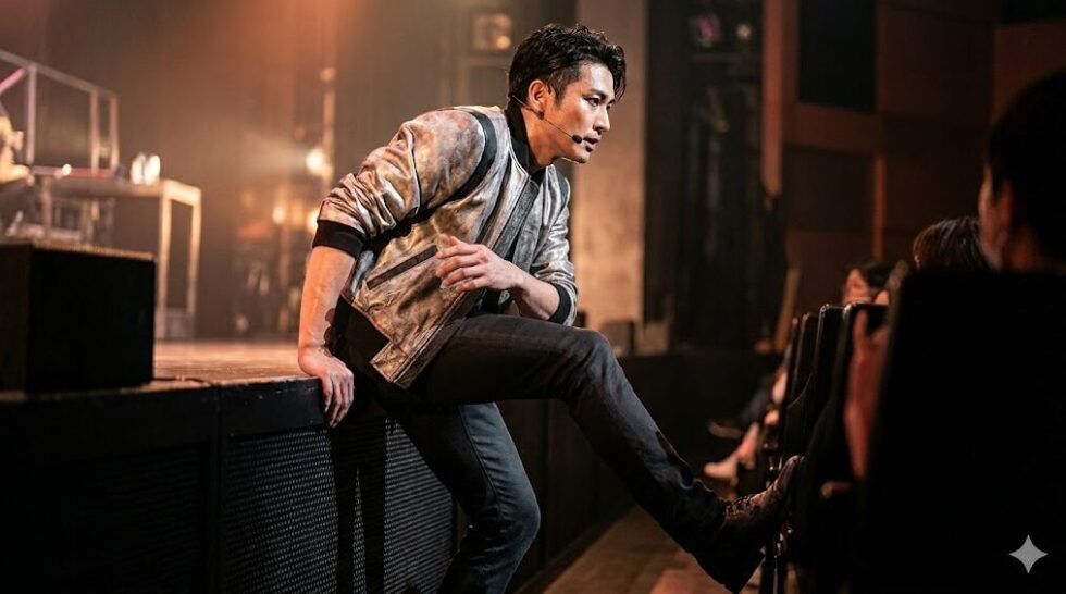 近代的なミュージカル作品で、舞台の端に来た男性俳優を、至近距離のサイド席から捉えた臨場感のあるカット。