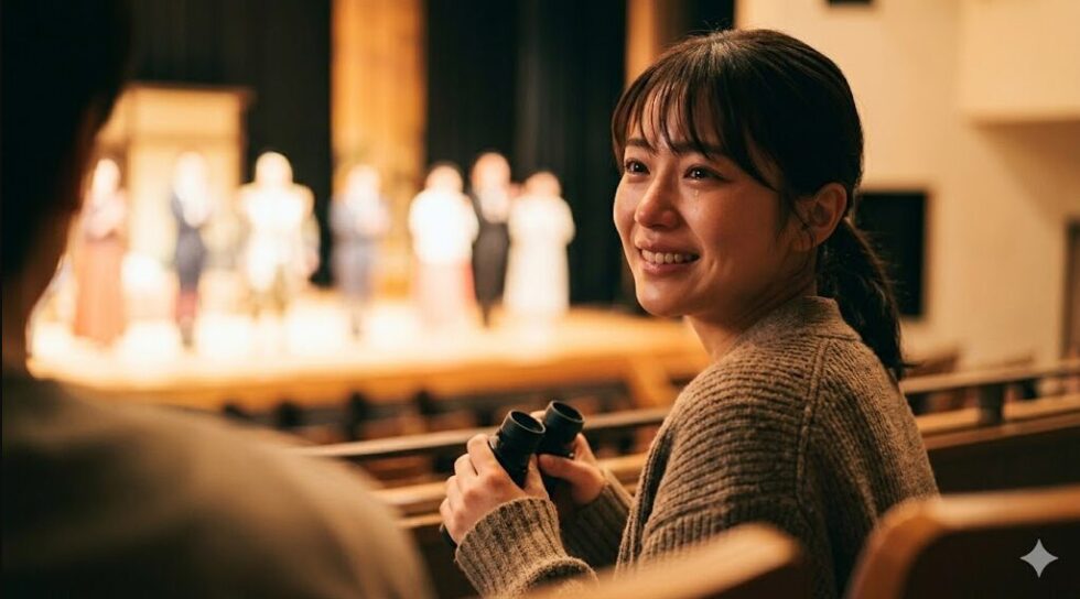 舞台のカーテンコールを、幸せそうな表情で見つめる日本の女性観客。見切れ席での独特な観劇体験に満足している様子。