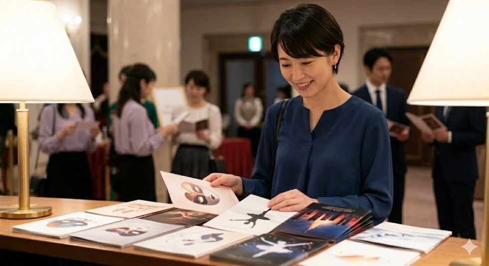 劇場ロビーで、様々な演目のフライヤーを手に取り、目移りしながらも楽しそうに演目を選ぶ日本人女性の演劇ファン。