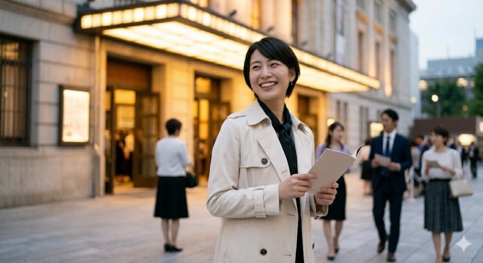 チケットJCBで手に入れたミュージカルを観劇後、満ち足りた表情で劇場を後にする日本人女性の演劇ファン。
