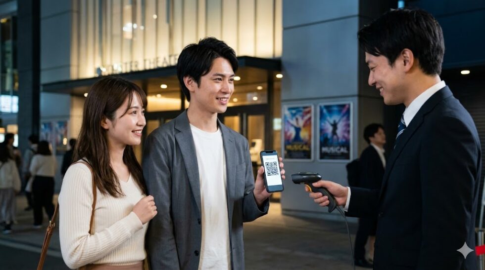 劇場の入場口で、スマートフォンの「スマチケ」画面を係員に提示し、スムーズに入場する日本人カップル。転売対策として導入されている電子チケット。