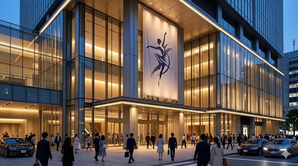 東京のモダンなミュージカル劇場(東京国際フォーラムやオーブ等)の夕暮れ時の外観。ガラスと石を基調とした現代的な建築で、多くのファンで賑わっている。