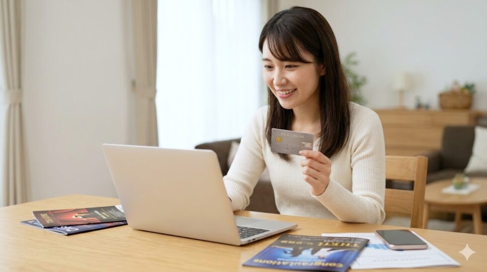 チケットJCBのプレミアム優待を活用して、ミュージカルのチケット当選に喜ぶ日本人女性の様子。ゴールドカードとノートパソコンが置かれたテーブル席。