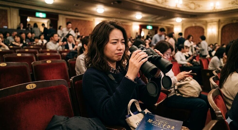 劇場の客席で、高倍率の双眼鏡が使いにくくて困っている女性のイメージ画像。