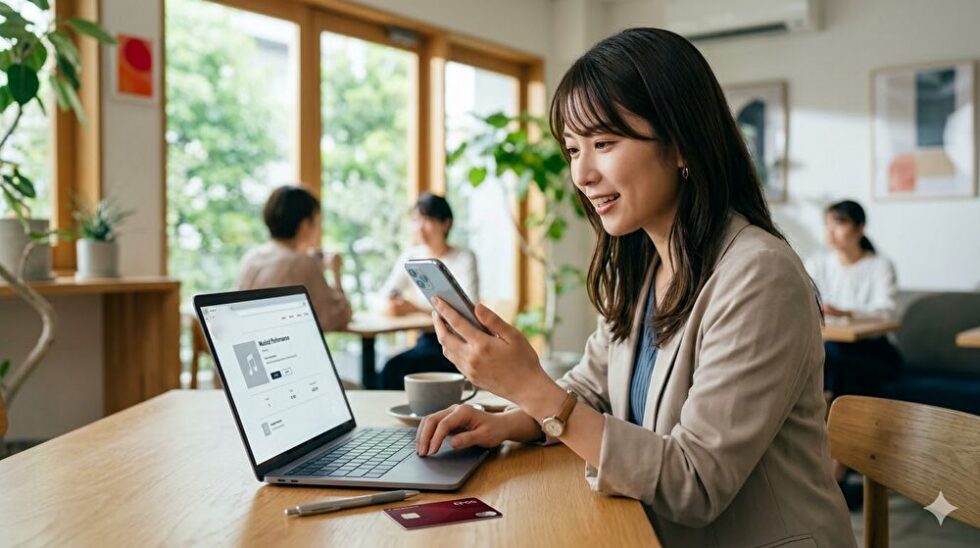 カフェでエポスカードの優待サイト「エポトクプラザ」を利用する日本人女性