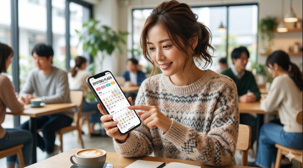 エポトクプラザで豊富なミュージカル公演日カレンダーを確認する日本人女性