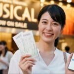 劇場前で、入手困難な人気ミュージカルのペアチケットを嬉しそうに掲げる日本人女性の笑顔。