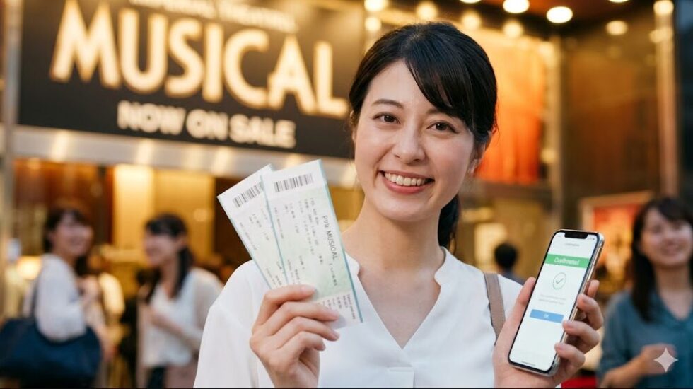劇場前で、入手困難な人気ミュージカルのペアチケットを嬉しそうに掲げる日本人女性の笑顔。