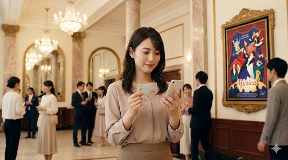 エポスカードのミュージカルチケット優待サイト「エポトクプラザ」を確認する日本人女性