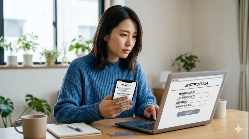 エポトクプラザの複雑なログイン手順に備え、専用IDを確認する日本人女性