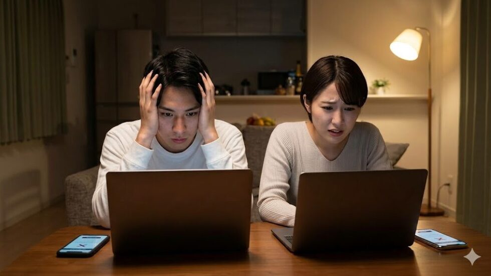 自宅でPC画面の「売り切れ」表示を見て頭を抱える日本人カップル。チケット争奪戦の厳しさを表現。