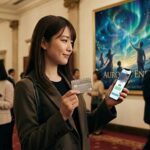 エポスカードでミュージカルチケットを確保！劇場ロビーでスマホとカードを持つ日本人女性