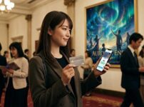 エポスカードでミュージカルチケットを確保！劇場ロビーでスマホとカードを持つ日本人女性