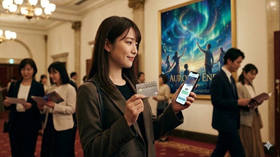 エポスカードでミュージカルチケットを確保！劇場ロビーでスマホとカードを持つ日本人女性