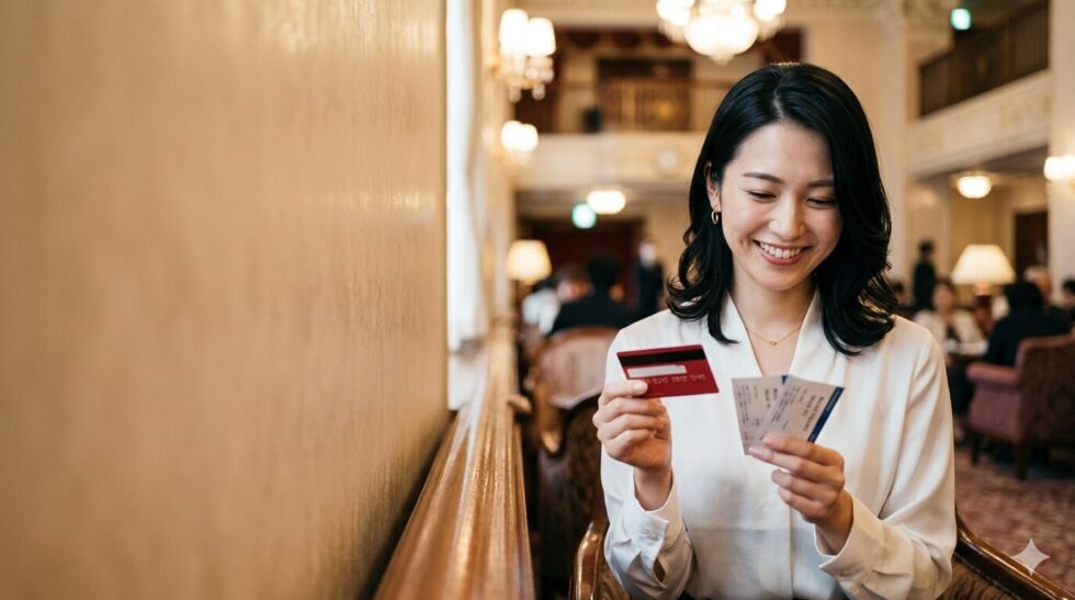 煌びやかな劇場のロビーで、笑顔でエポスカードとミュージカルのチケットを持つ清楚な黒髪の日本人女性。