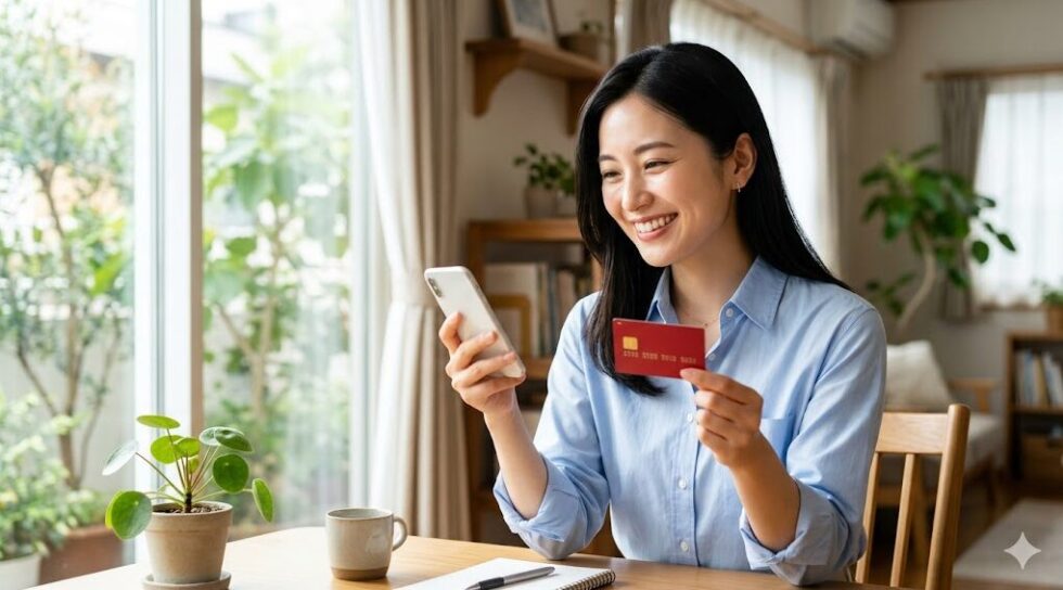 日中、明るいリビングで、ライトブルーのシャツ（きれいめカジュアル）を着た黒髪の日本人女性が、笑顔でスマホを操作しながら、もう片方の手にロゴのない赤いクレジットカード（エポスカード枠）を持っており、解決策を見つけたような表情。