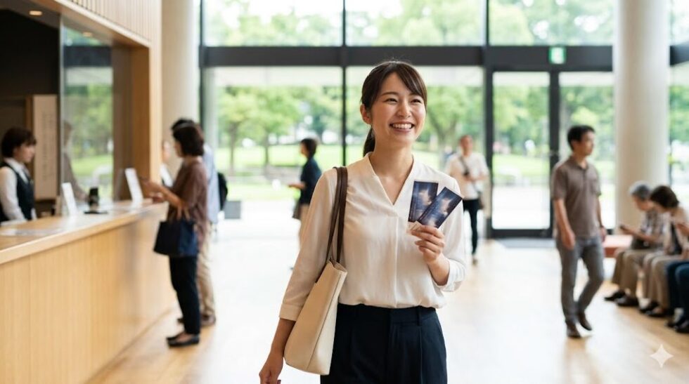 劇場のロビーで、手に入れたばかりのミュージカルチケットを嬉しそうに眺め、これからの観劇に胸を躍らせる日本人女性。エポスカード活用により争奪戦を勝ち抜いた、明るい未来を象徴。