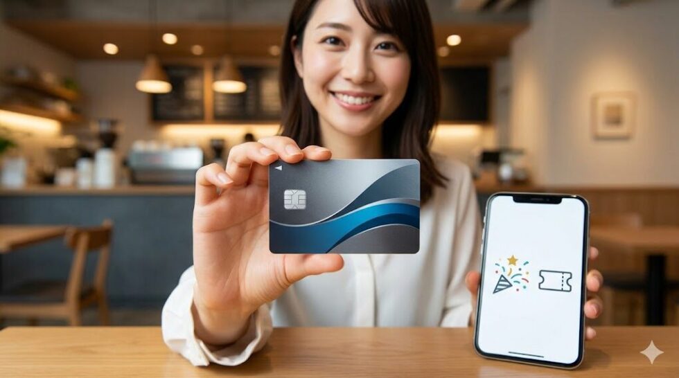 笑顔でクレジットカード（エポスカードを想定）を提示する日本人女性。スマートフォン画面にはチケット当選のアイコンが表示されている。