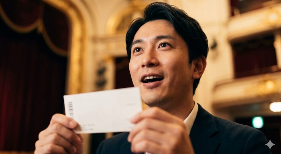 劇場の良席チケットを手にし、驚きと喜びの表情を浮かべる日本人男性。公式先行での当選をイメージ。