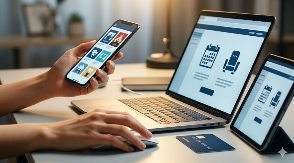 スマートフォン、タブレット、PCを同時に使いこなし、クレジットカードを横に置いて複数のチケット販売チャンネルを確認する日本人女性の手元。
