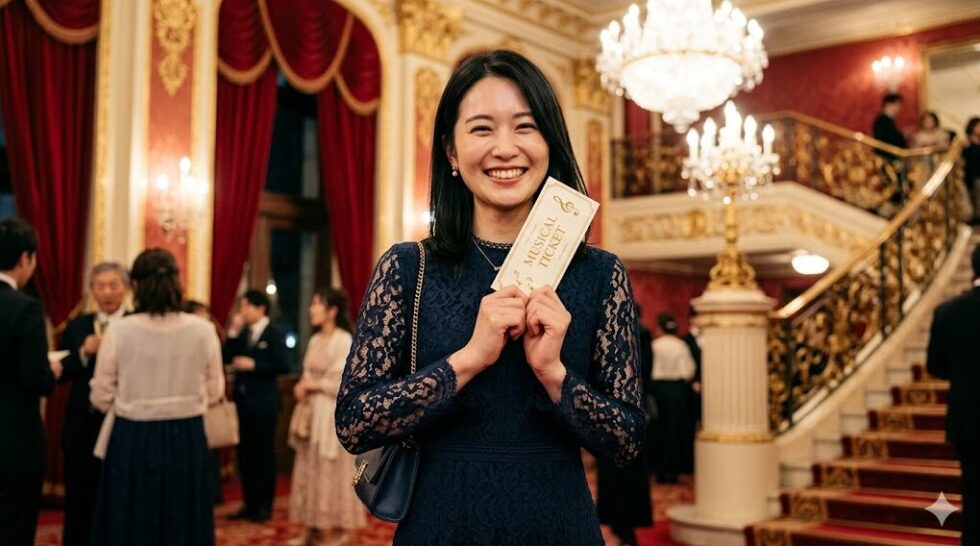 煌びやかな劇場のロビーで、ネイビーのレースのワンピースでお洒落をした清楚な黒髪の日本人女性が、手に入れたロゴのない紙のミュージカルチケットを胸の前で大切に抱きしめ、最高に幸せそうな満面の笑みを浮かべている。