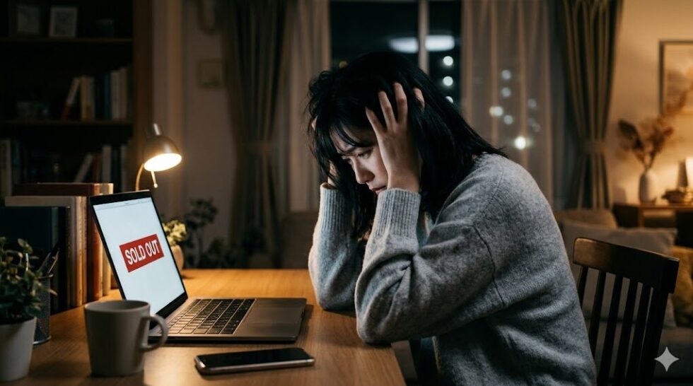 夜、薄暗い部屋のデスク前で、グレーのニット（部屋着）を着た黒髪の日本人女性が、パソコン画面の「SOLD OUT」の文字を見て両手で頭を抱え、深く落ち込んでいる。特定企業のロゴはなし。