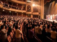 人気ミュージカル公演の終演後、満員の劇場でスタンディングオベーションを送る日本人観客の様子。チケット争奪戦を勝ち抜いた喜びと興奮を表現。
