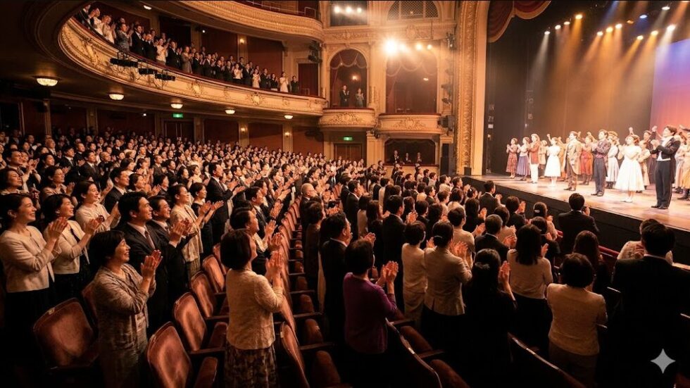 人気ミュージカル公演の終演後、満員の劇場でスタンディングオベーションを送る日本人観客の様子。チケット争奪戦を勝ち抜いた喜びと興奮を表現。