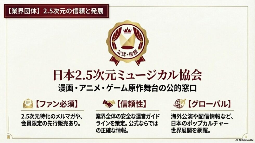 日本2.5次元ミュージカル協会のメルマガ、会員限定先行、安全な運営ガイドラインなどのメリットを紹介したスライド。