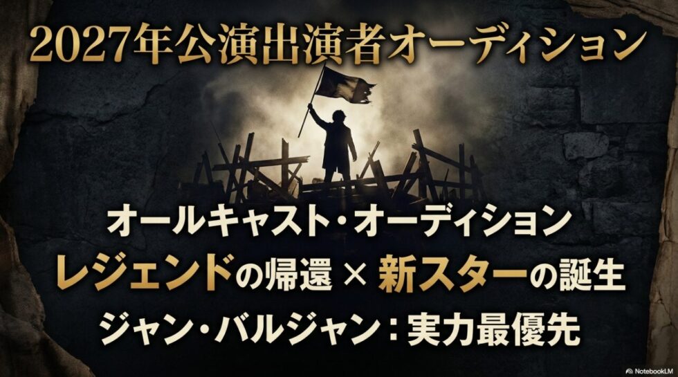 2026年2月13日締切のオーディション情報。ジャン・バルジャン役には圧倒的な歌唱力と演技力が求められ、多方面からの抜擢が予想されることを記載しています。