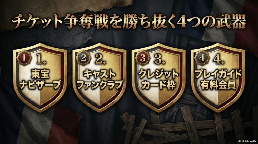 チケット入手の確率を上げるために、東宝ナビザーブ登録、ファンクラブ入会、クレジットカード枠の活用等の4点を推奨するスライド。