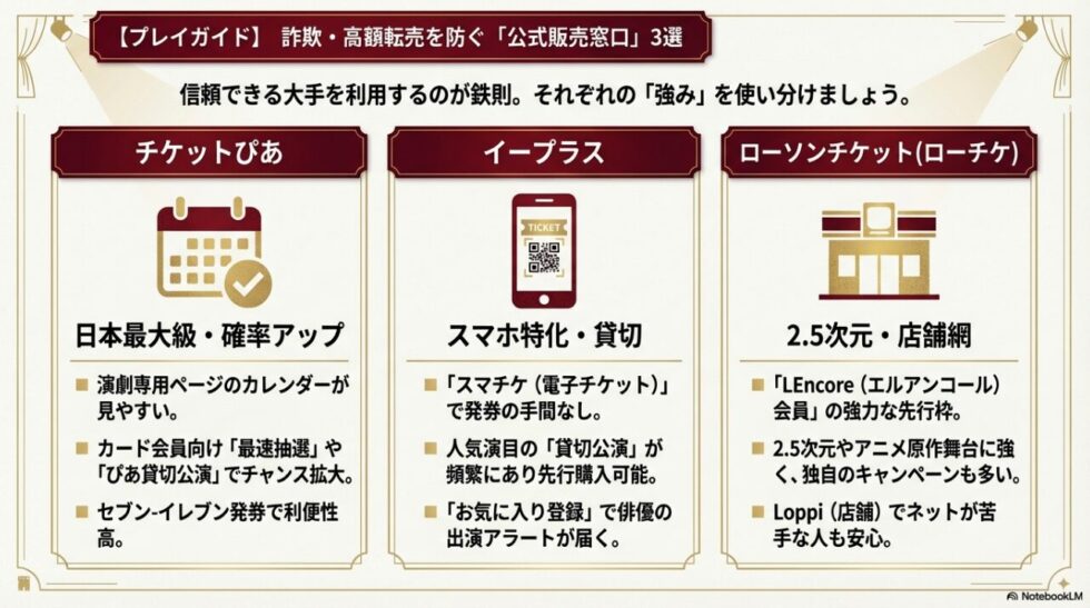チケットぴあ、イープラス、ローソンチケットの3大プレイガイドの強み（貸切公演、先行枠、利便性）を比較した図解。
