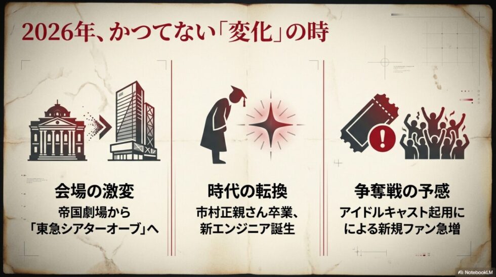 会場の激変（帝国劇場から東急シアターオーブへ）や市村正親さんの卒業、新エンジニアの誕生など、2026年の大きな変化をまとめた図解 。