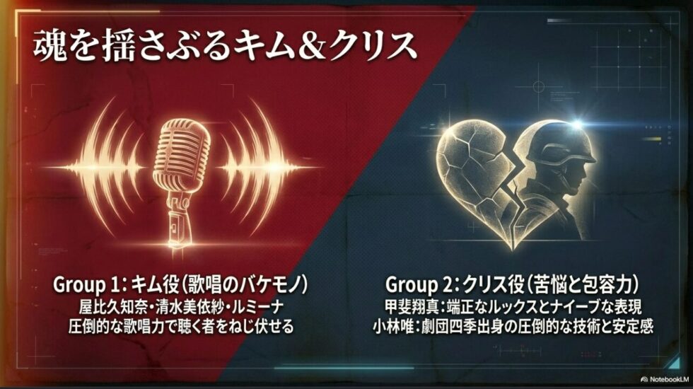 キム役（屋比久知奈、清水美依紗、ルミーナ）とクリス役（甲斐翔真、小林唯）のキャストグループ紹介 。