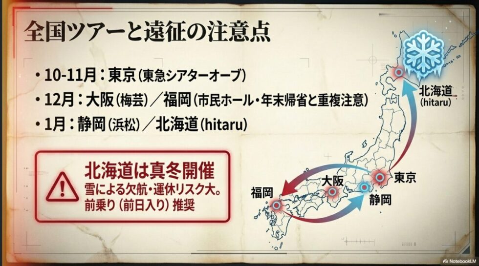 東京、大阪、福岡、静岡、北海道を巡る全国ツアースケジュールと、冬の北海道公演における前乗りの推奨 。