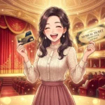 クレジットカード枠を活用して激戦のミュージカルチケットを見事に手に入れ、劇場で笑顔を見せる女性のイラスト