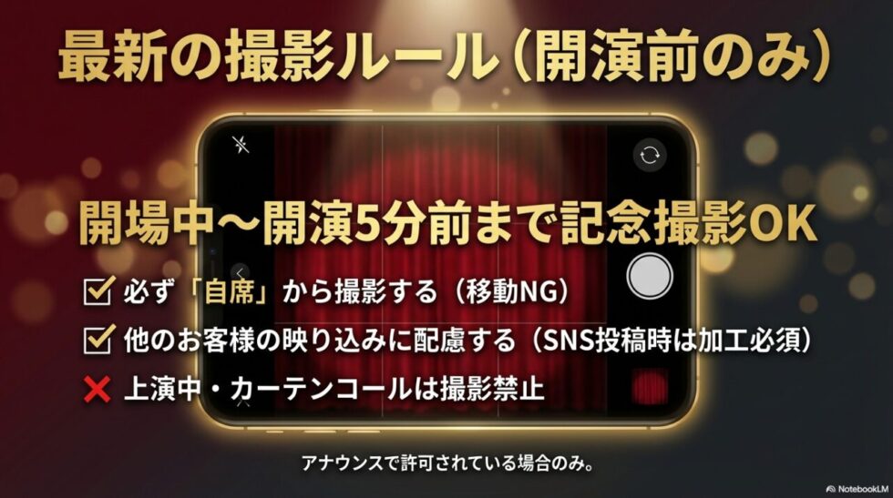開演5分前までの自席からの撮影許可と、SNS投稿時の配慮、上演中の撮影禁止についてのまとめ 。