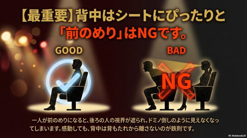 背中をシートにぴったりつける「GOOD」な姿勢と、後ろの人の視界を遮る「NG」な前のめり姿勢の比較図 。