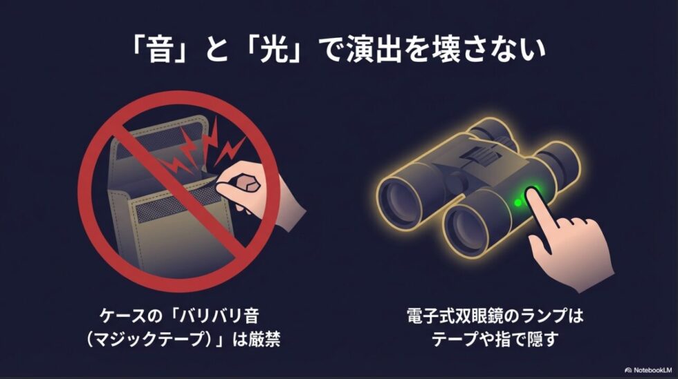 マジックテープのバリバリ音禁止と、電子式双眼鏡のランプを指で隠すマナーを説明したイラスト